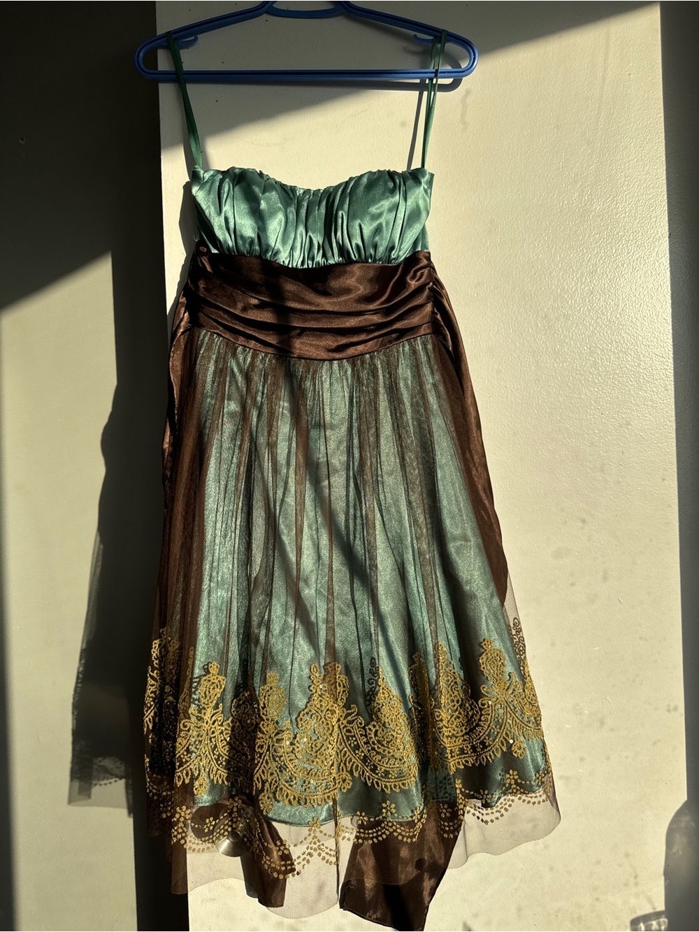 Tea-Length Green Satin Dress with Brown Overlay & Gold Embroidery